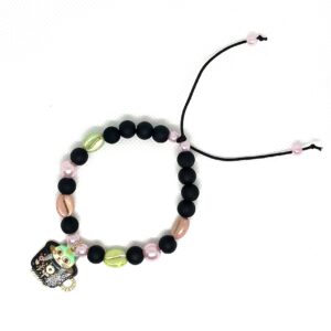 Jewelry under $20 Coffee Kitty bracelet with a kittens in coffee cup charm with pink and green coffee bean beads and blackout beads for sale.