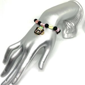 Jewelry under $20 Coffee Kitty bracelet with a kittens in coffee cup charm with pink and green coffee bean beads and blackout beads for sale.