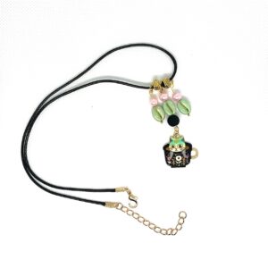 Jewelry under $20 Coffee Kitty necklace with a kittens in coffee cup charm with pink and green coffee bean beads and blackout beads for sale.